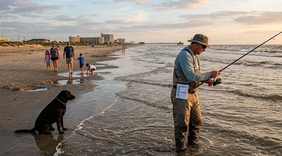 a man fishing in galveston shore